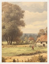 Landscape painting of a countryside scene with trees, buildings, and a person walking.
