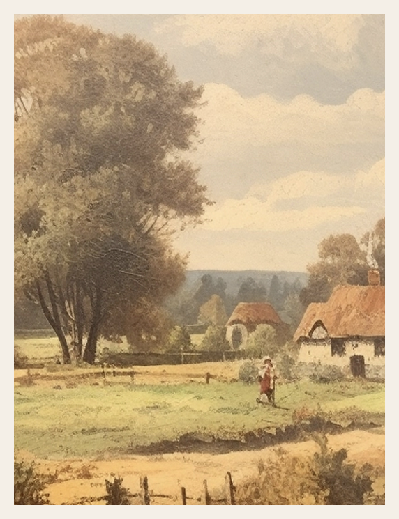 Landscape painting of a countryside scene with trees, buildings, and a person walking.