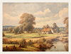 Landscape painting of a rural scene with a house, trees, and a river.