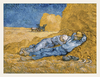 Painting of a farmer lying on hay with a blue sky and wheat field.