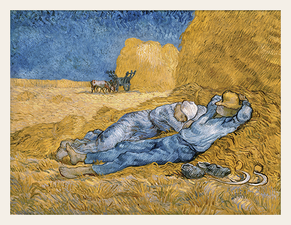 Painting of a farmer lying on hay with a blue sky and wheat field.