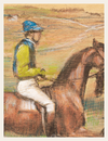 Painting of a jockey on a horse with a wooden texture overlay