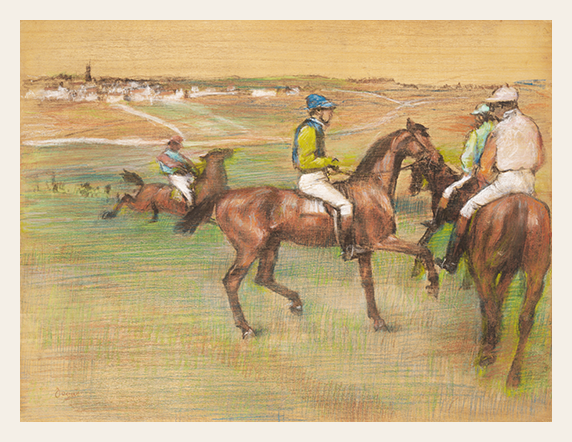 Painting of horse race with jockeys on horses