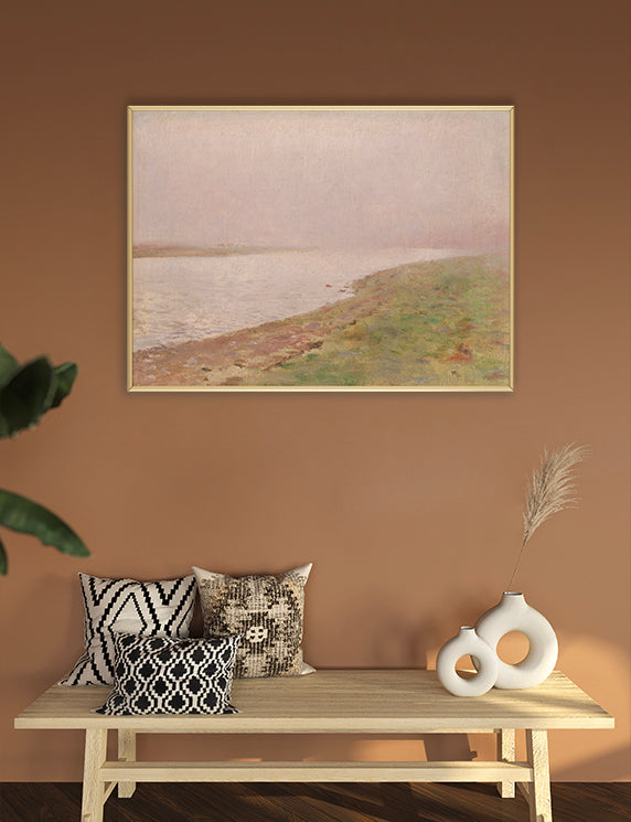 Framed landscape painting on a brown wall above a wooden bench with decorative pillows and vases.