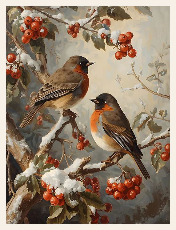Robin Pair and Snowberry Branch