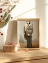 Framed picture of an owl on a wooden surface with a gift box and decorative branches.