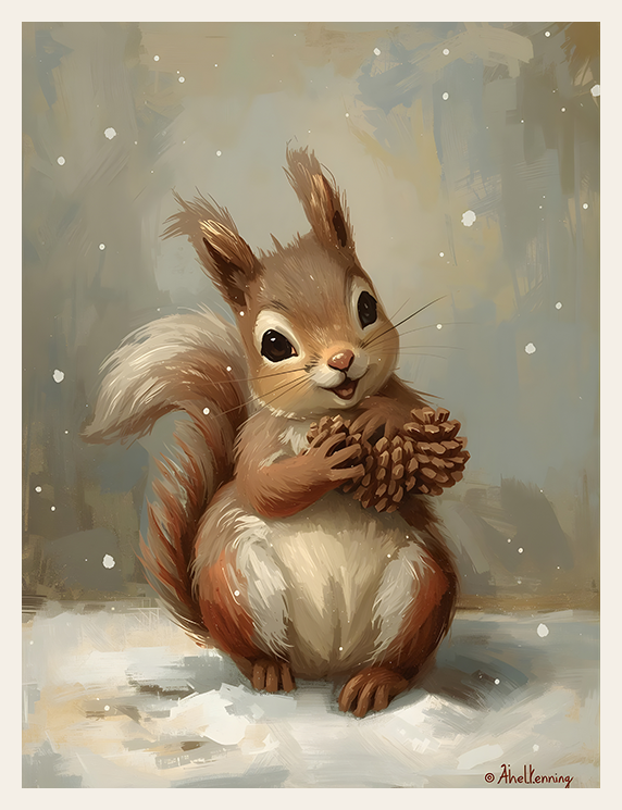Illustration of a squirrel holding a pine cone in a snowy setting