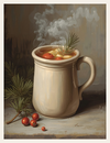 Steaming mug with pine branches and berries on a dark background