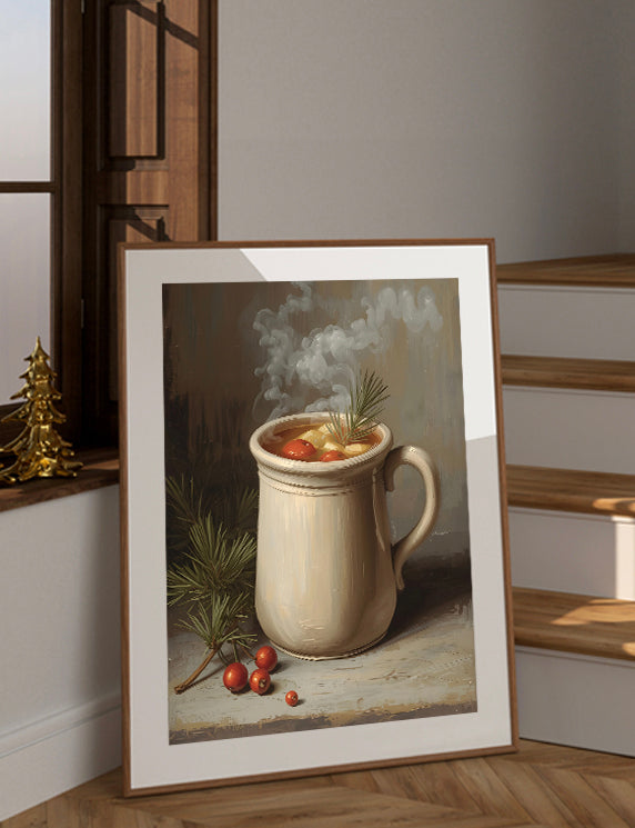 Framed still life painting with a mug and steam on a wooden floor.