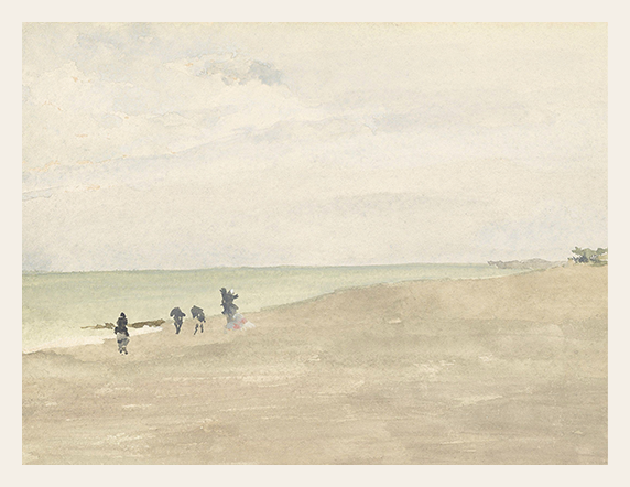 Figures Walking the Soft‑Sand Shore