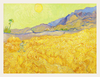 Painting of a wheat field with a silhouette of a figure and mountains in the background