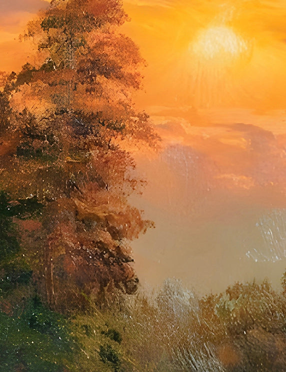 Painting of a landscape with trees and a sunset.
