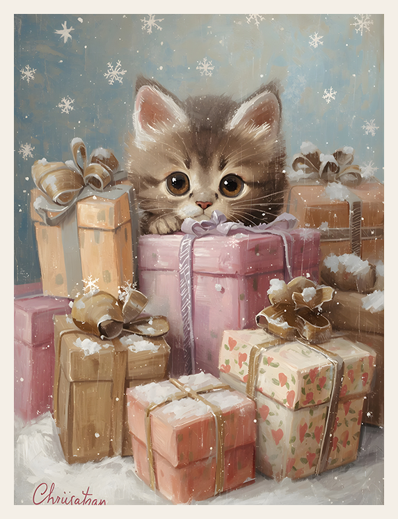 Illustration of a kitten peeking out from behind Christmas presents with a snowy background.