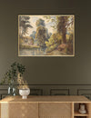 Framed landscape painting on a wall above a wooden console table.