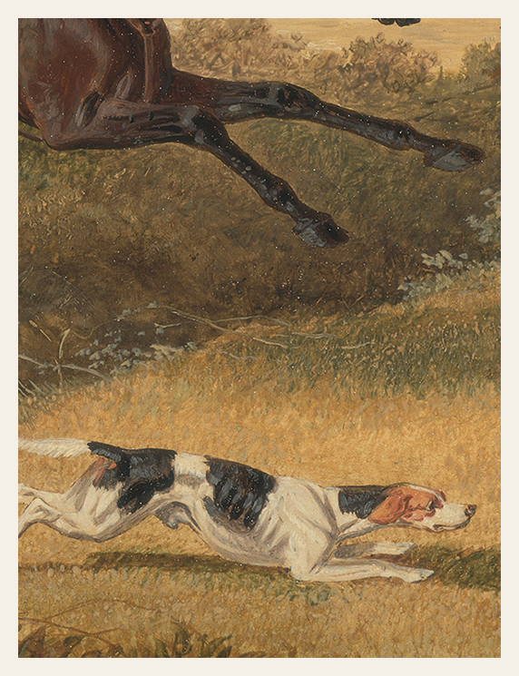 Painting of a dog chasing a deer through a grassy field