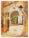Watercolor painting of a stone building facade with signs and plants.