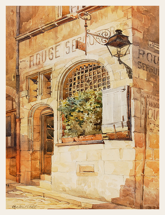 Watercolor painting of a stone building facade with signs and plants.