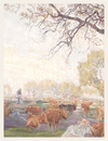 Painting of cows in a field with a person and trees in the background