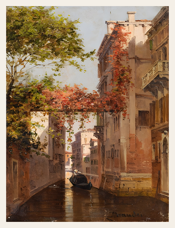 Painting of a canal scene with buildings and a boat in Venice