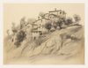 Sketched landscape with houses on a hillside