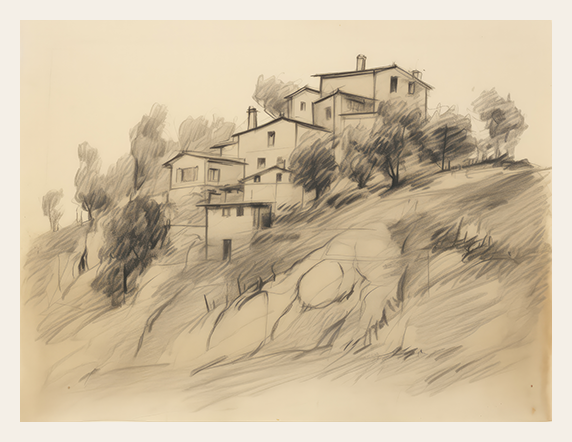 Sketched landscape with houses on a hillside
