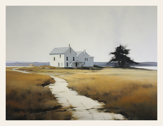 Painting of a white house with a path leading to it in a field