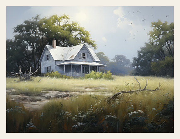 White house in a rural setting with trees and open field