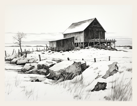 Pencil drawing of a small wooden cabin on stilts surrounded by rocks and grass in a snowy landscape.