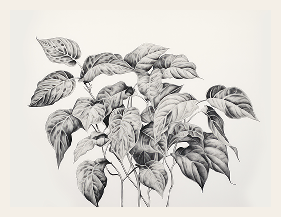 Detailed black and white illustration of a leafy plant on a light gray background