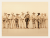 Illustration of a row of men wearing cowboy hats on a beige background
