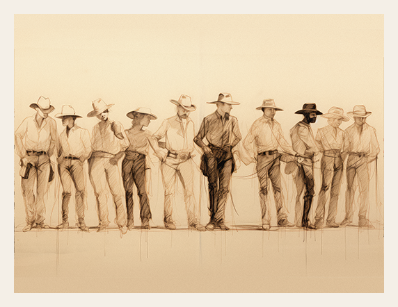 Illustration of a row of men wearing cowboy hats on a beige background