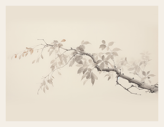 Artistic depiction of a branch with leaves on a beige background