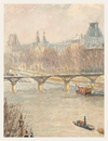 Painting of a cityscape with a bridge and boats on a river