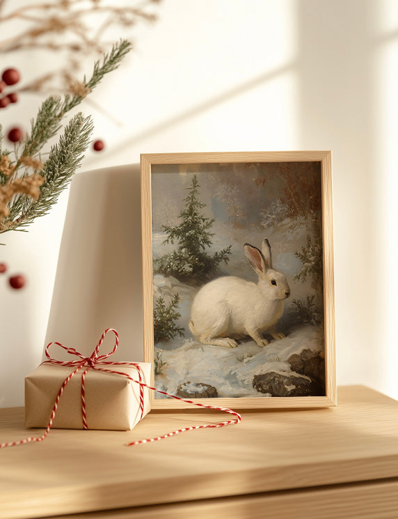 Framed artwork of a rabbit in a snowy landscape with a wrapped gift beside it on a wooden surface.