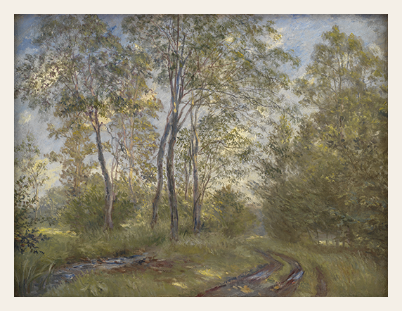 Painting of a forest scene with trees and a path