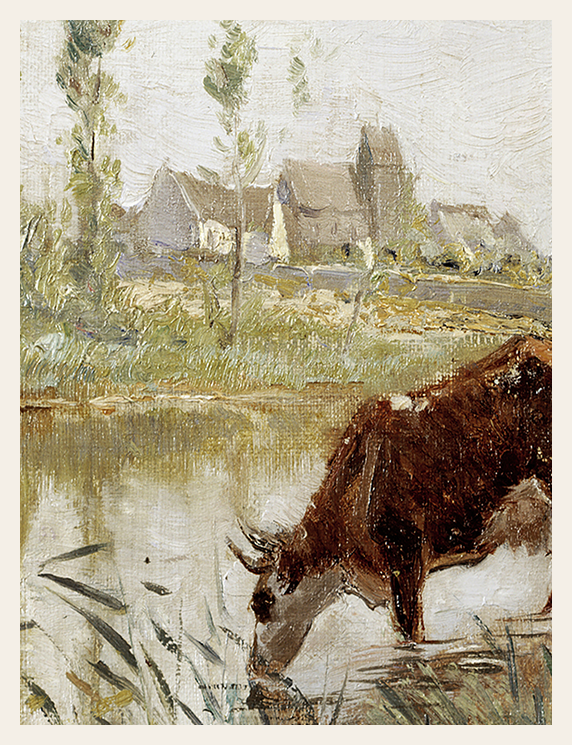 Painting of a cow by a lake with a village in the background
