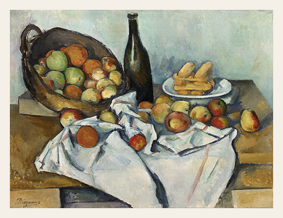 Still life painting with fruits, a bottle, and bread on a table.