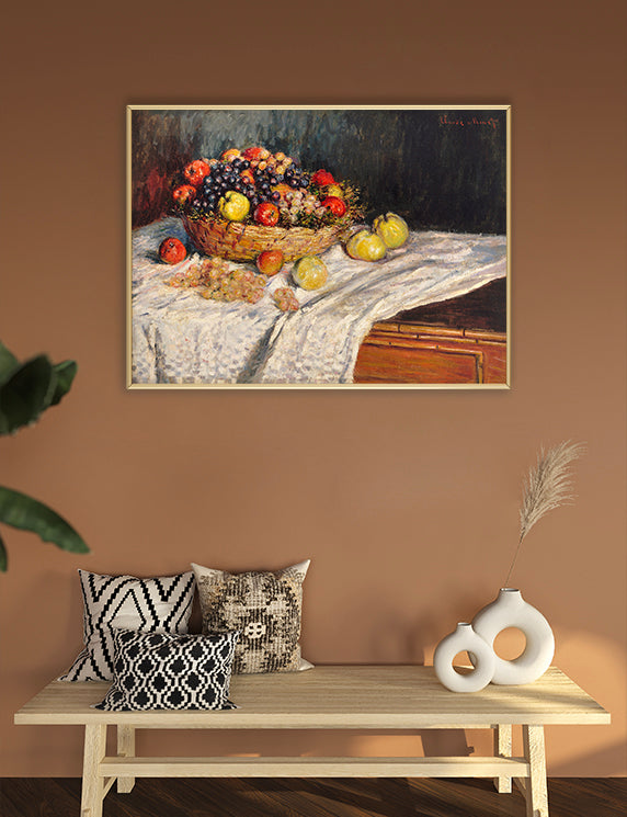 Framed still life painting on a wall above a wooden bench with decorative pillows and vases.