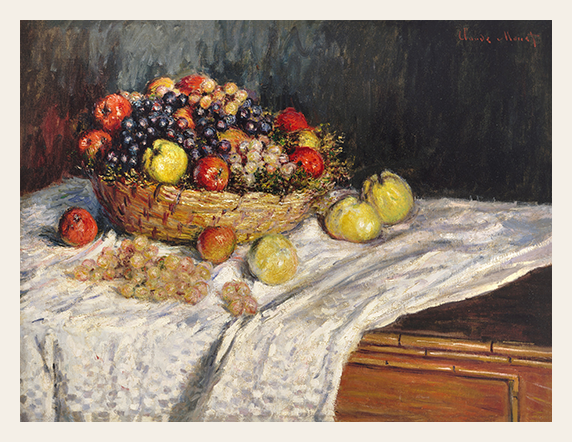 Still life painting of a fruit basket with apples, grapes, and plums on a tablecloth.