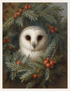 Painting of an owl surrounded by greenery and berries