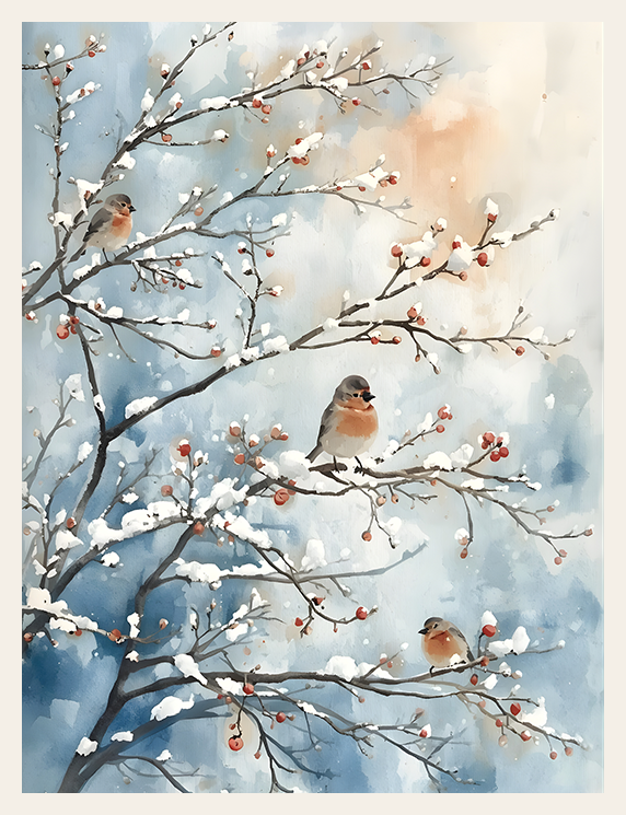 Art print of birds perched on snow-covered branches with berries against a blue and white background.