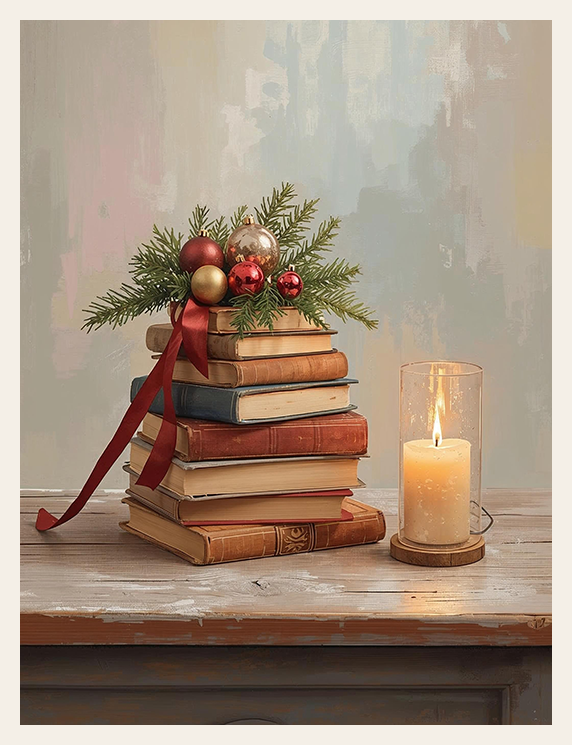 Stack of books with Christmas ornaments and a lit candle on a wooden surface