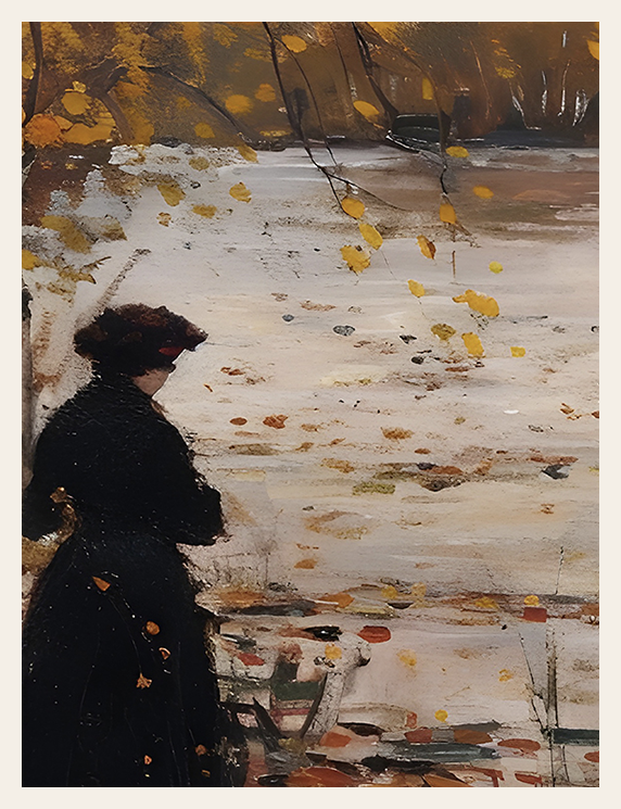 Woman in a black coat walking along a snowy path with autumn leaves.