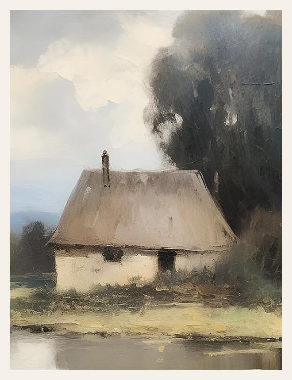 Painting of a small house with a person on the roof, surrounded by trees and mist.