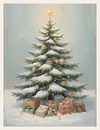 Decorated Christmas tree with ornaments and presents in a snowy setting