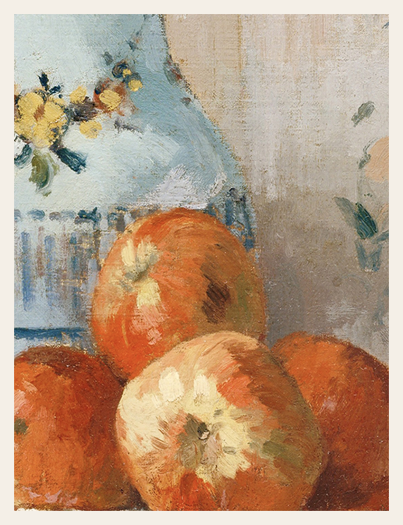 Still life painting of apples and flowers on a textured surface
