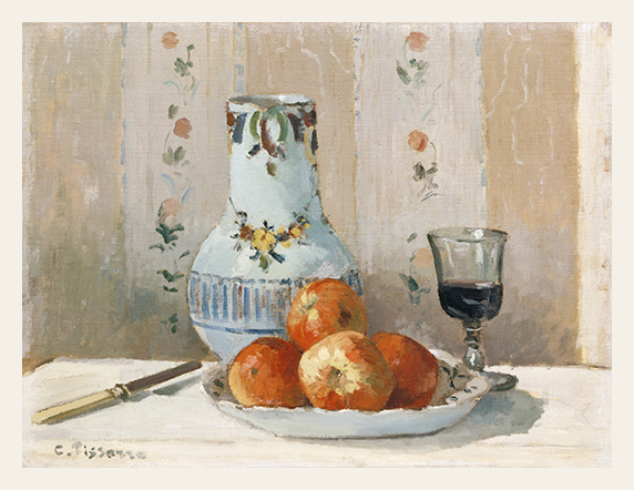 Still life painting with a vase, apples, and a glass on a table.