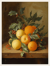 Still life painting of lemons, oranges, and holly leaves on a wooden surface.