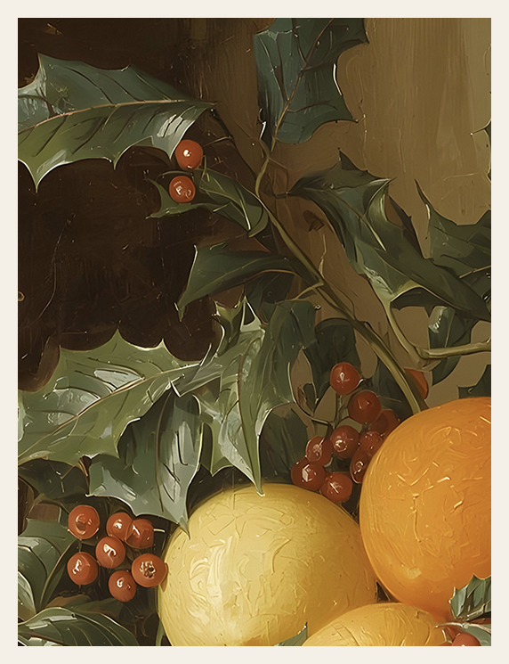 Decorative still life with holly leaves, berries, and decorative balls.