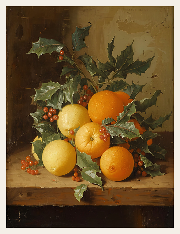 Still life painting of lemons, oranges, and holly leaves on a wooden surface.